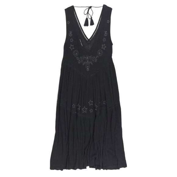 SOMEDAYS LOVIN Whimsigoth Boho Fairy Witchy Midi Dress Star Embroidered XS Black - Picture 6 of 9